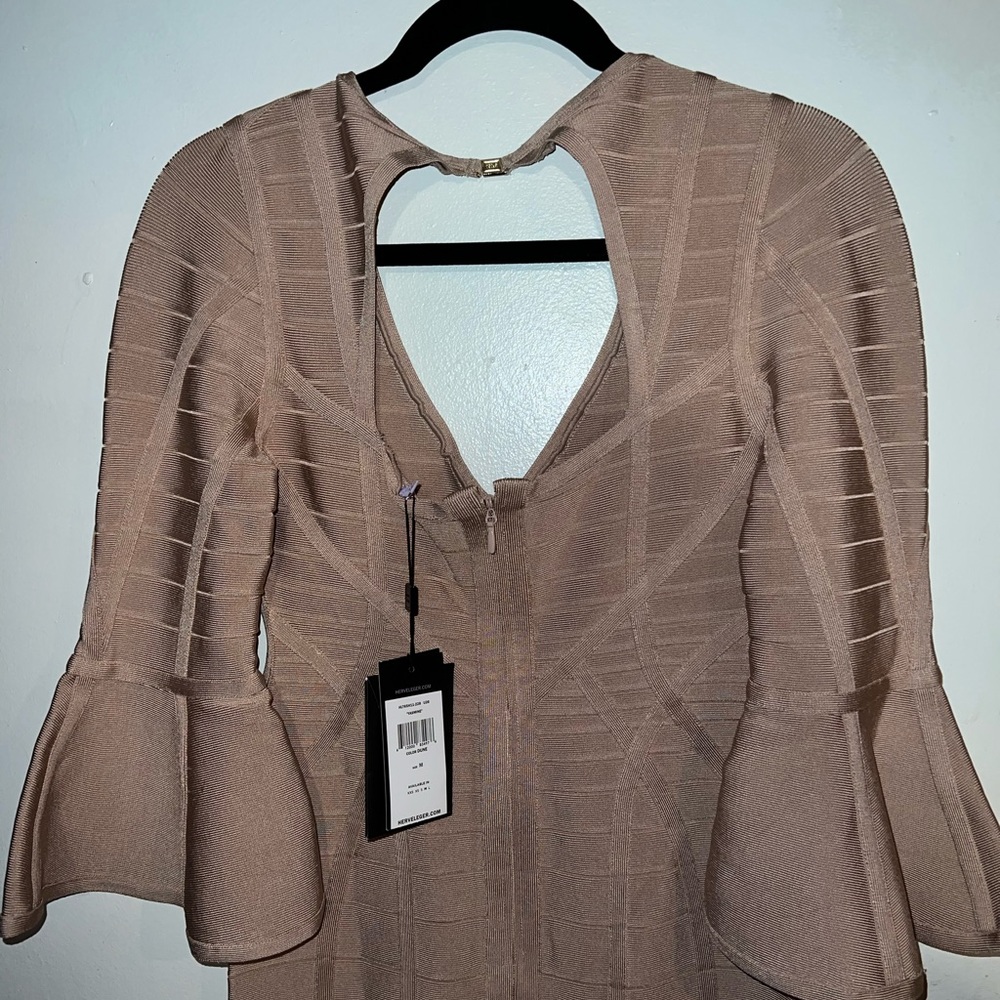 Herve Leger Nude Yasmine Beige Bandage Bell Sleeves Cocktail Dress